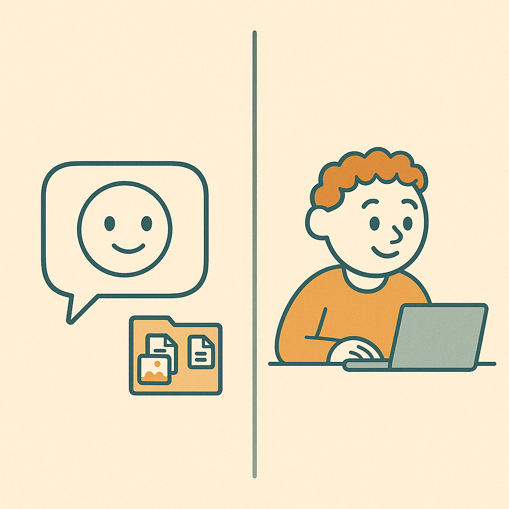A chatbot in a speech bubble vs Cowork — a character at a desk with files and a laptop