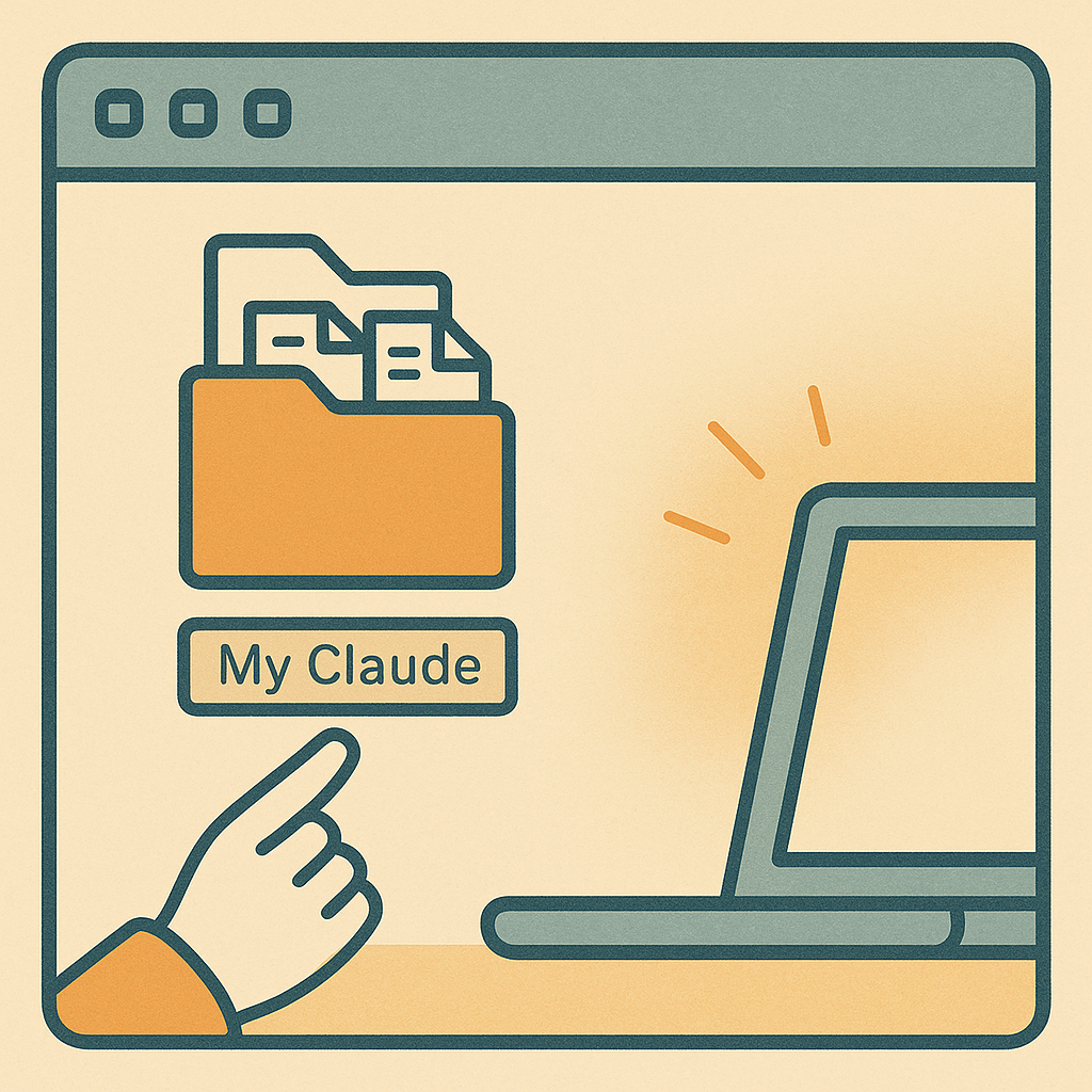 A hand pointing at a folder labeled 'My Claude' on a desktop, files visible inside