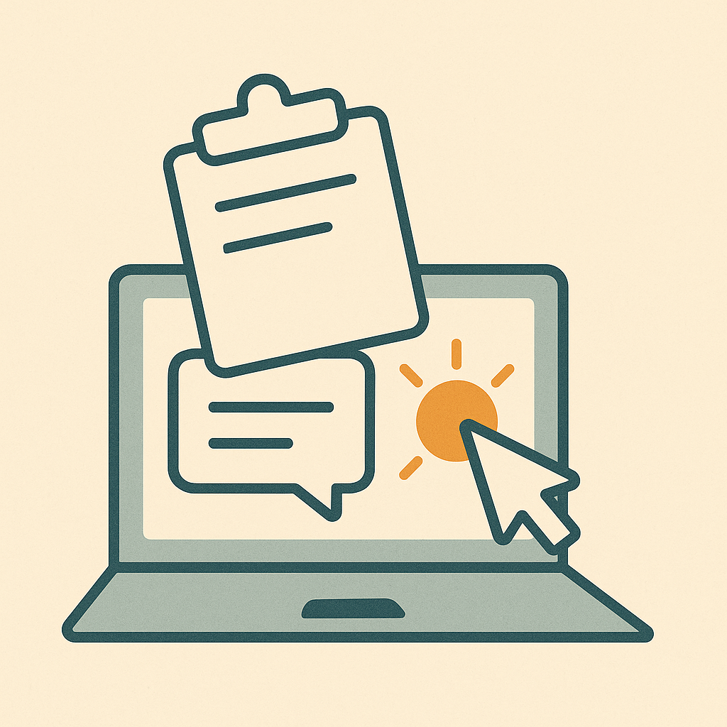 A clipboard or paste icon dropping into a chat window, with an assistant emerging — cozy magical feel