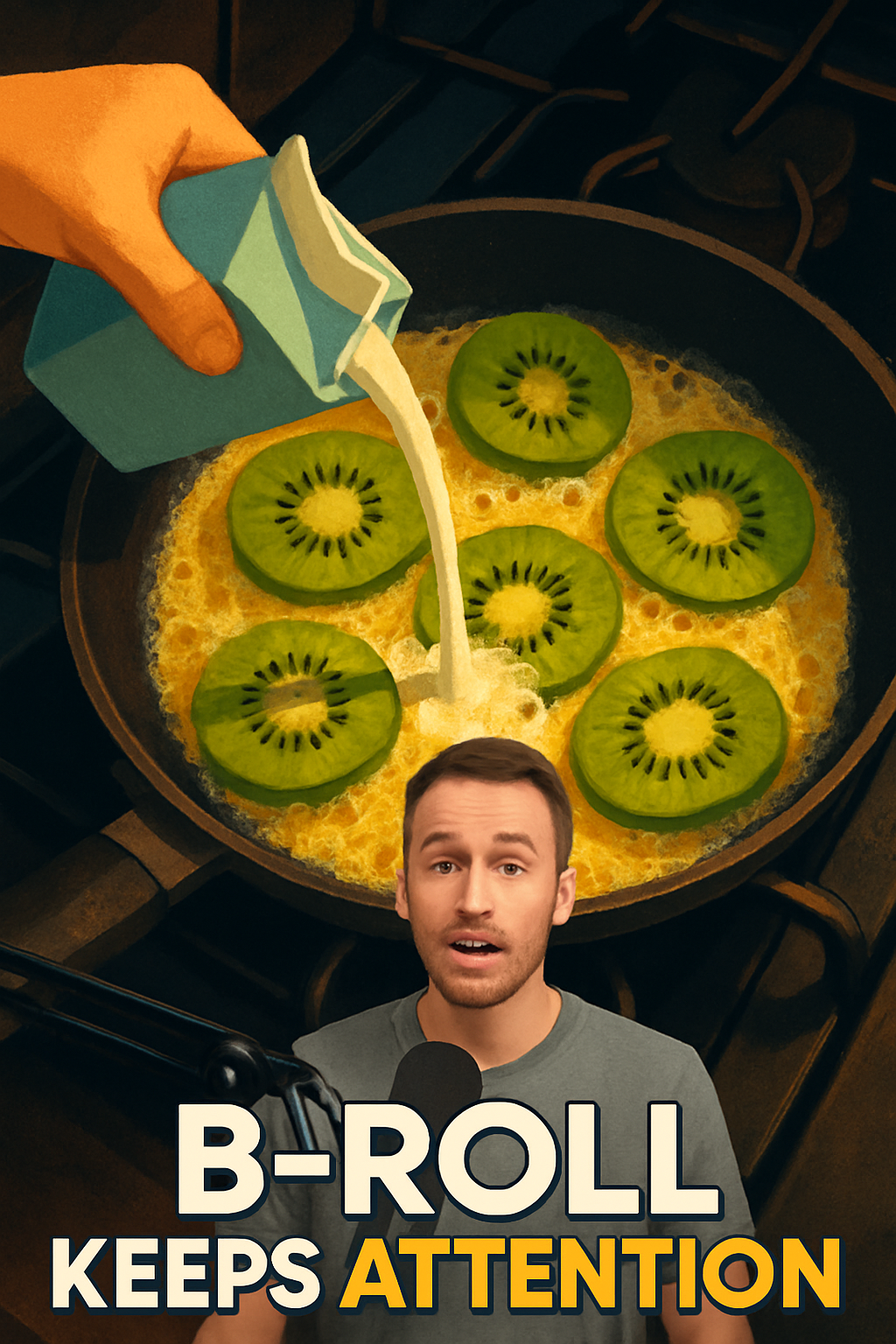 Illustration showing b-roll: a hand pouring milk into a pan of sliced kiwis, with a presenter overlay