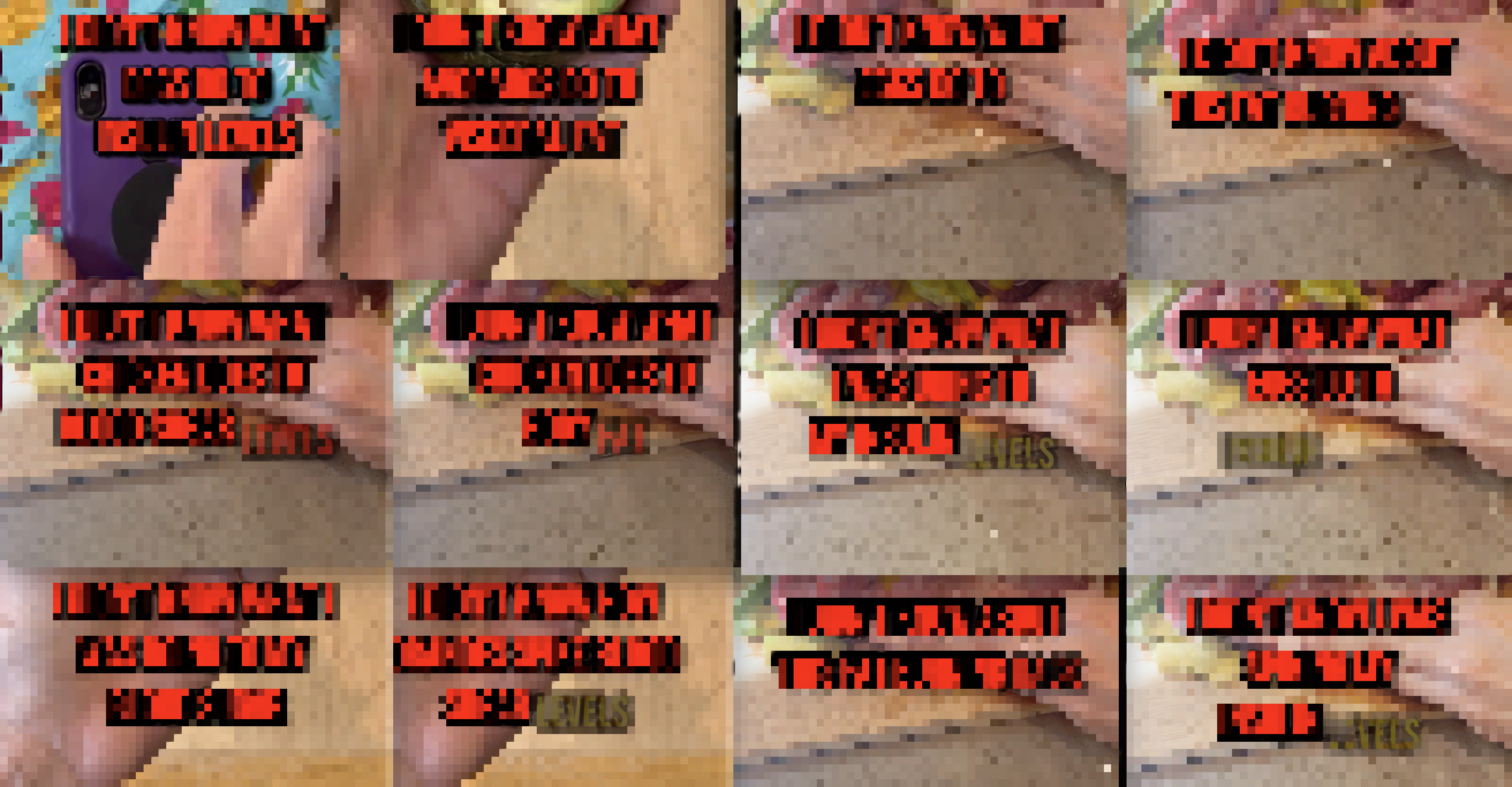 Pixelated screenshot showing a grid of many ad hook variations (client data blurred)
