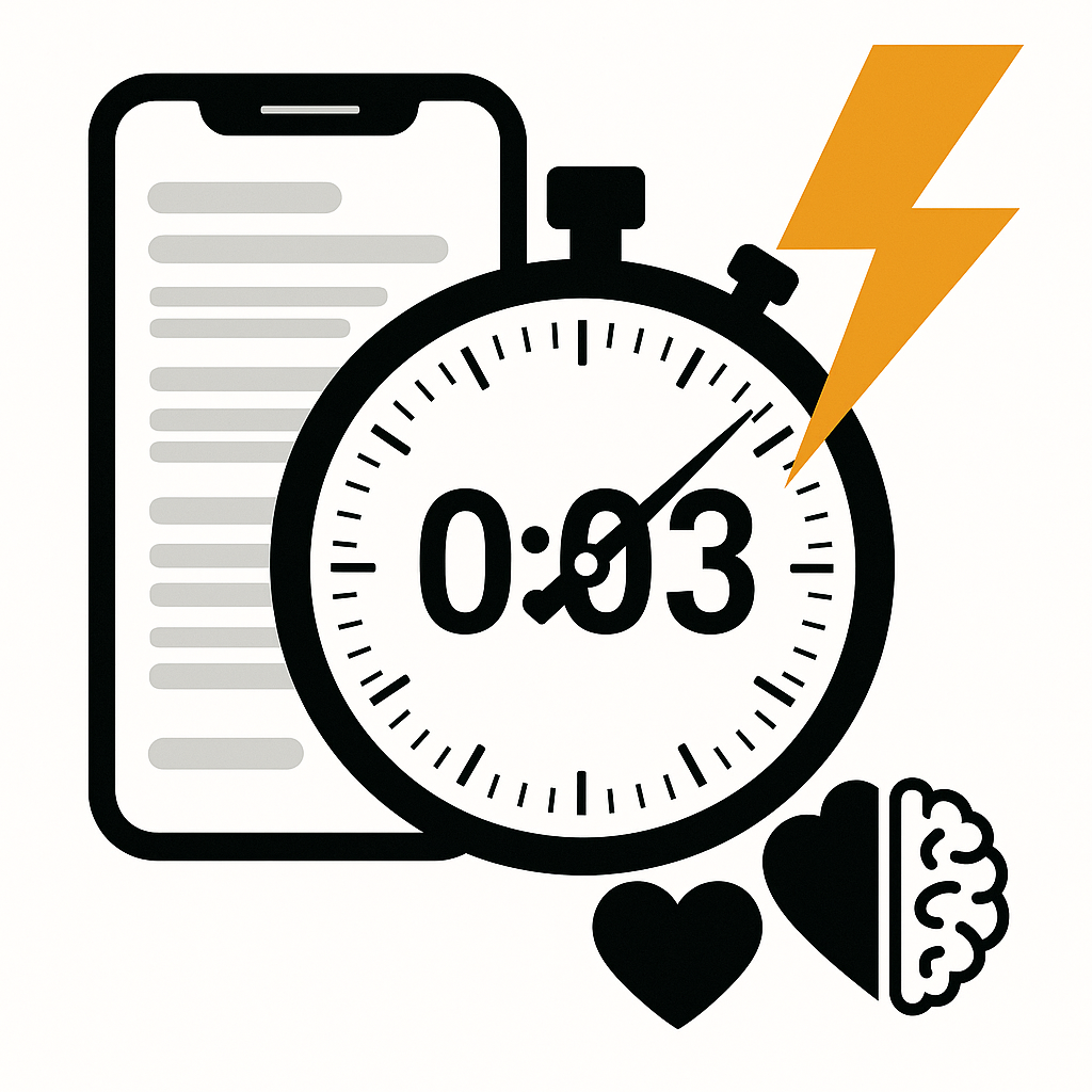 Illustration of a stopwatch showing three seconds and a scrolling phone