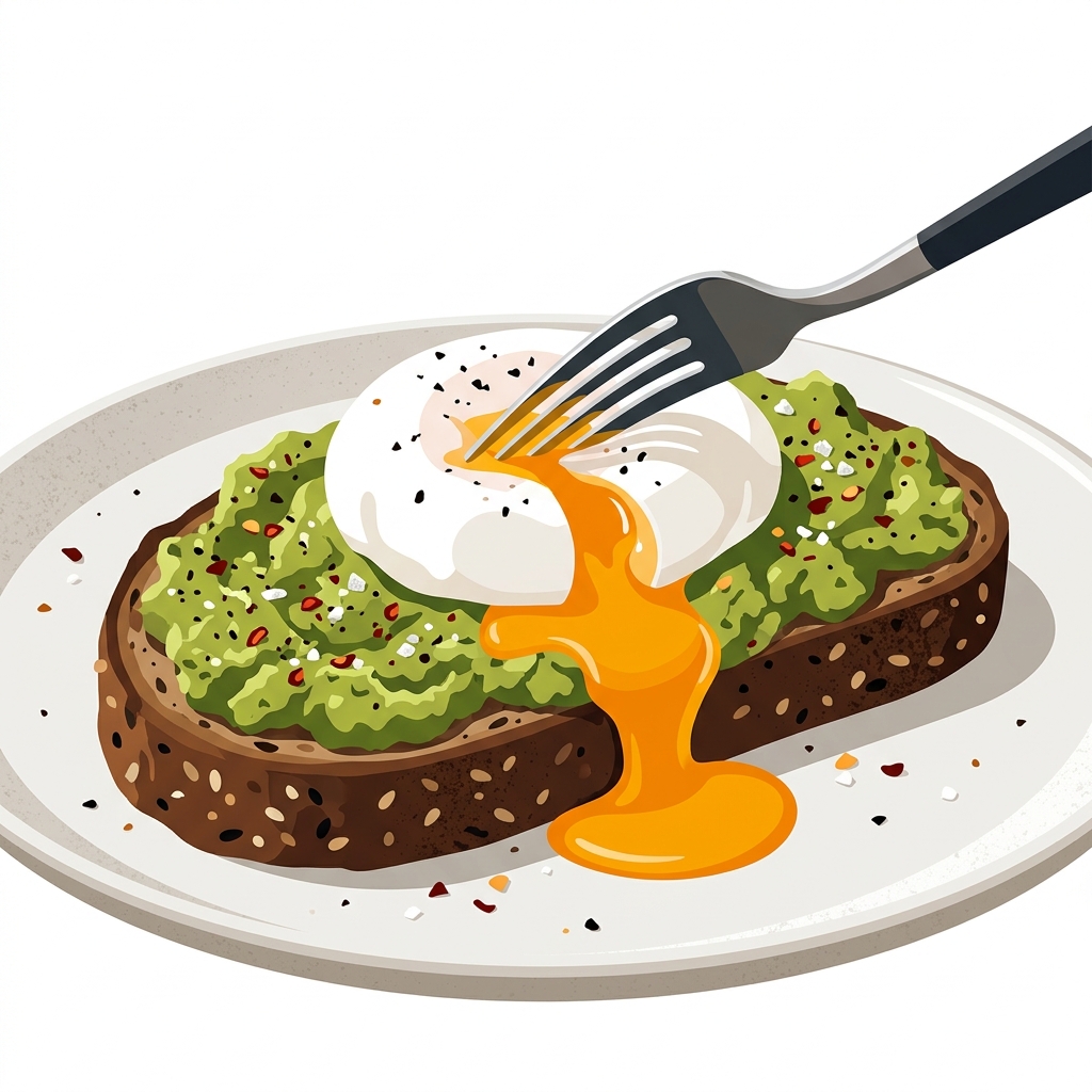 Illustration: poached egg popped on avocado toast